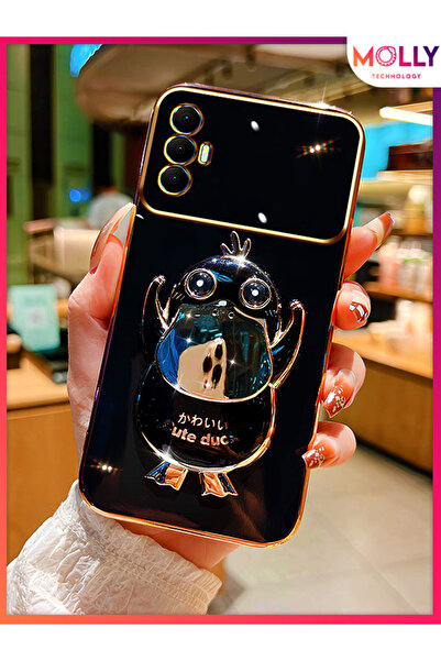 Molly Tecno Spark 8 PRO Için Siyah Sevimli Ördek Standlı Kenarları Gold Detay...