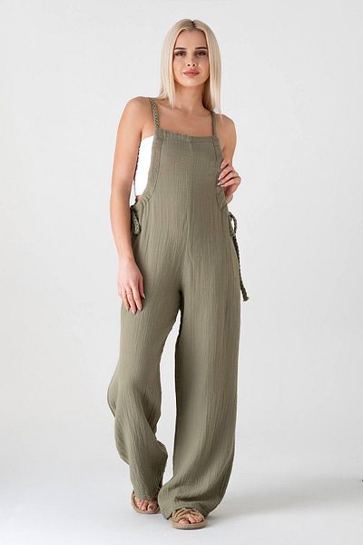 Fashion Showcase Βαμβακερή μουσελίνα Salopet - 100% Πράσινη και Καλοκαιρινή Χαλαρή