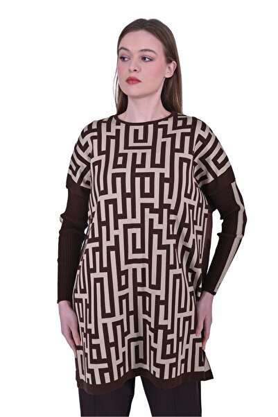 Invee 6872 Labirent Desen Triko Tunik - Kahve