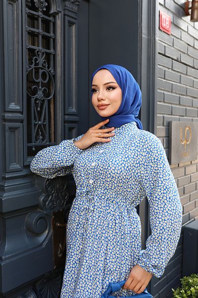 modessia Women Blue 100% Viscose Cotton Waist Tied Flower Pattern Layered Dress Sc5656