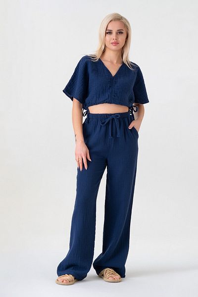 Fashion Showcase Muslin 100% Natural Cotton Elastic Waist Wide Leg Trousers - Navy Blue