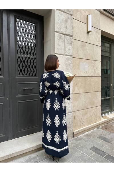 Lusin Γυναικείο μακρύ καλοκαιρινό φόρεμα με μπλέ μπλέ με λεπτομέρεια με μανίκια με διπλό γιακά