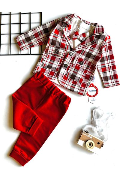cacobutik Baby Boy Blazer Jacket Plaid 3 Piece Suit Red