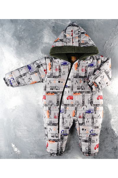 DUBLİNO KİDS New Cute Car with Ne Traffic Figures Zipper Hooded Men's Welsoft Cosmonaut Jumpsuit
