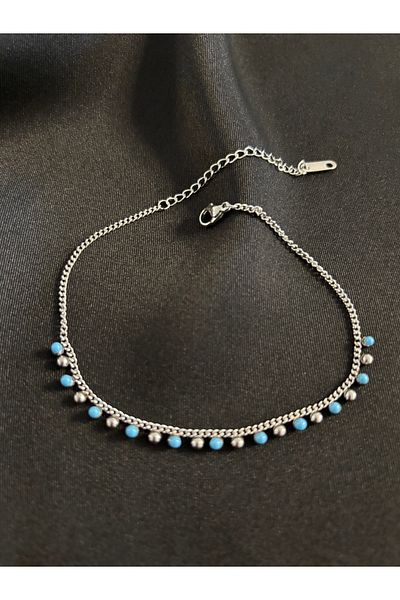 Zeyn Silver Steel Anklet with Blue Bead Detail