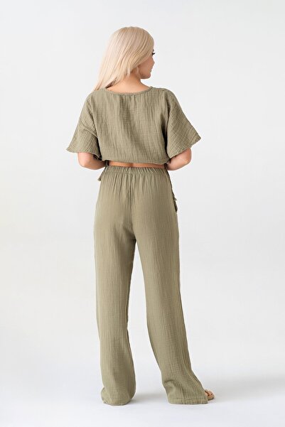 Fashion Showcase Muslin 100% Natural Cotton Elastic Waist Wide Leg Trousers - Green