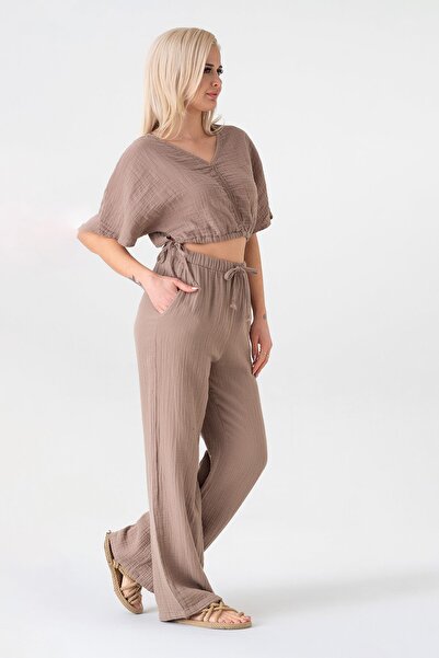 Fashion Showcase Muslin 100% Natural Cotton Elastic Waist Wide Leg Trousers - Mink