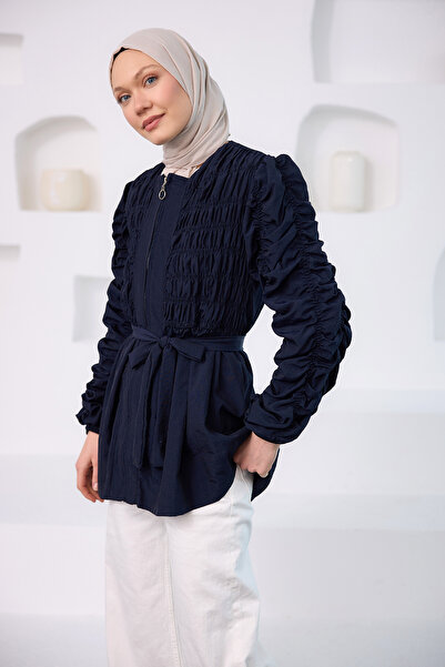 LOCCO Women's Drawstring Detailed Zippered Jacket Black