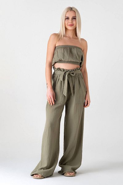 Fashion Showcase Țesătură de muselină 100% bumbac Pantaloni de muselină cu talie înaltă cu buzunar cu șnur - verde