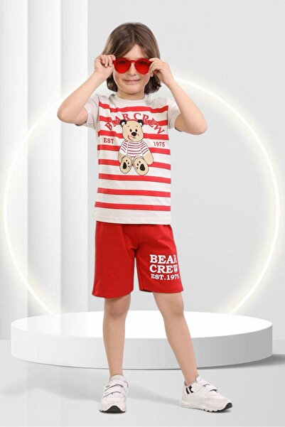 ruhaay Summer Short-Sleeved Shorts with Cute Bear Crew Print Children's Bottom and Top Set