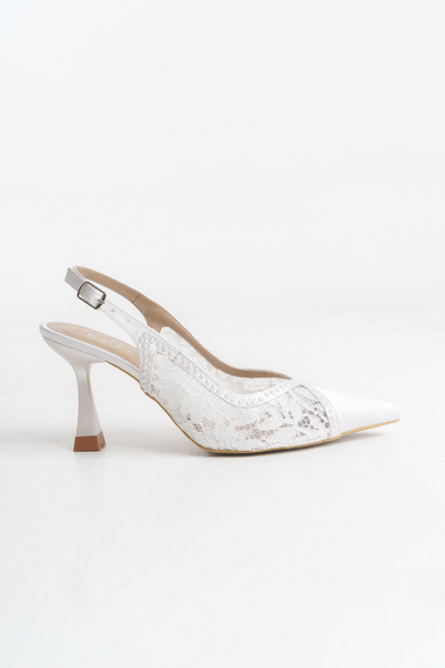 MARSEDO Women's Pointed Toe Stone Lace Detailed Open Back Scarf Evening Dress Shoes Nast White