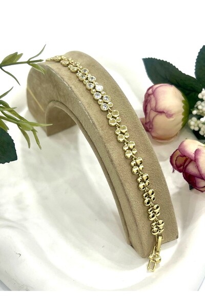 Sıralı Mini Zirkon Taşlı Çelik Bileklik (14K Gold/18-20cm)
