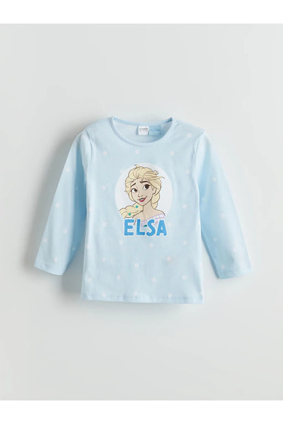 LC Waikiki Mavi Bisiklet Yaka Elsa Baskılı Kız Çocuk Pijama Takımı