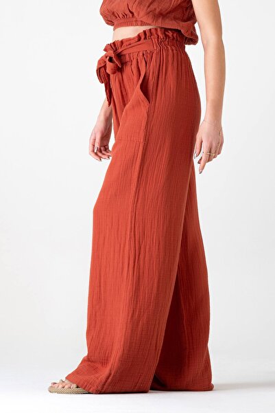 Fashion Showcase Muslin Fabric 100% Cotton High Waist Drawstring Detail Pocket Muslin Trousers - Tile