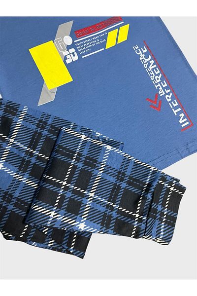 ALİŞ KİDS Pijama sezonieră cu mânecă scurtă, 100% bumbac, cu model în carouri, albastru