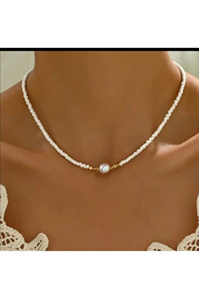 MYSTERY TAKI AKSESUAR Pearl Gold Detail Beaded Necklace