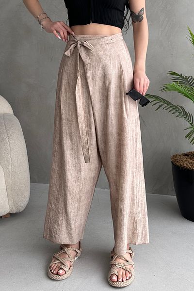 Fav Style High Waist Binding Detailed Beige Women's Trousers