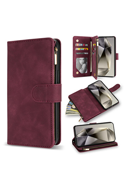 Choice Galaxy S24 Ultra Case & Strap Wine red Wallet Multi-card Zipper Kickst...