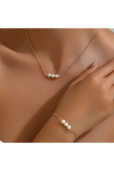 MYSTERY TAKI AKSESUAR Pearl Necklace Bracelet Chain Gold Set