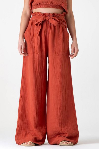 Fashion Showcase Muslin Fabric 100% Cotton High Waist Drawstring Detail Pocket Muslin Trousers - Tile