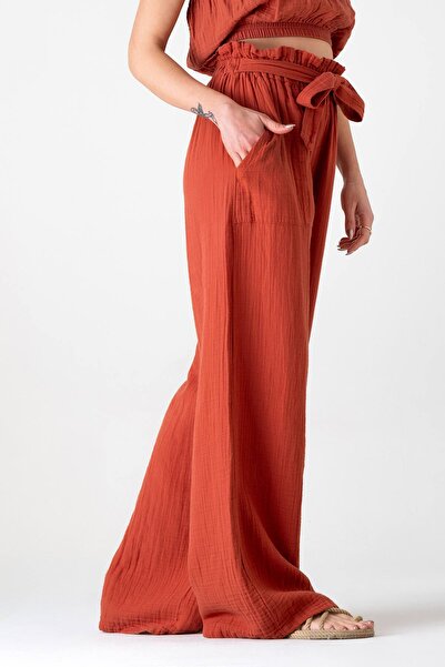 Fashion Showcase Muslin Fabric 100% Cotton High Waist Drawstring Detail Pocket Muslin Trousers - Tile