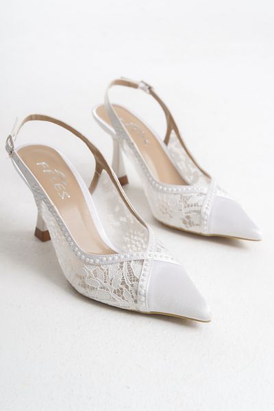 MARSEDO Women's Pointed Toe Stone Lace Detailed Open Back Scarf Evening Dress Shoes Nast White