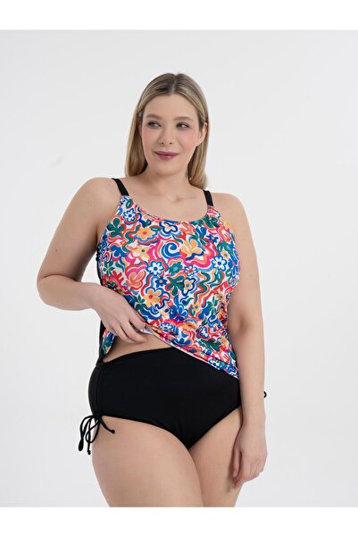 AQUAVİVA Aquaviva Women's Black Carnation Pattern Plus Size Christiana Gathering Adjustable Strap Tankini