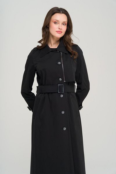 Olcay Unlined Trench Coat with Zipper and Epaulettes Black 6697
