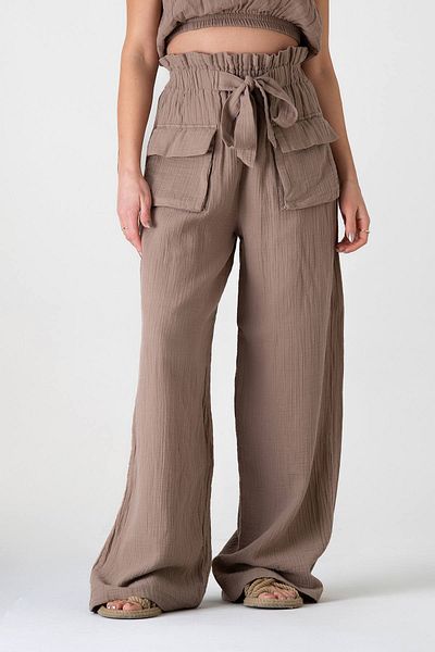 Fashion Showcase 100% Cotton Muslin Fabric - High Waist Front Cargo Pocket Trousers