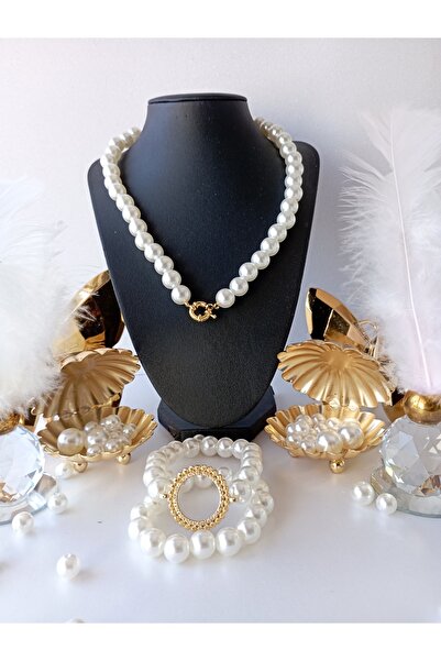 PD GRUP İncili Gemici Kilitli Kolye  TASLİ DORİKA Yarım Altın Uyumlu Bileklik Set