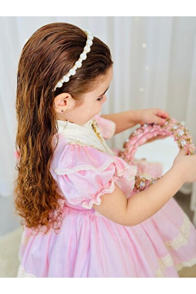Linarookids Pembe Krem Vintage Kız Bebek Elbisesi,Doğum günü,fotoğraf çekim elbise,0-13 Yaş Uygun