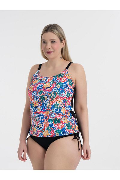 AQUAVİVA Aquaviva Women's Black Carnation Pattern Plus Size Christiana Gathering Adjustable Strap Tankini
