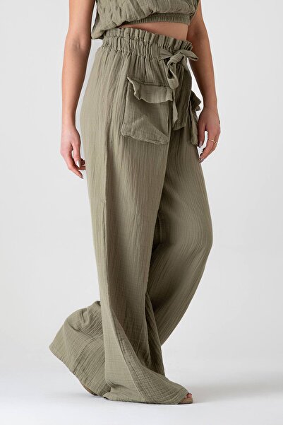 Fashion Showcase Muslin Fabric 100% Cotton High Waist Front Cargo Pocket Trousers - Green