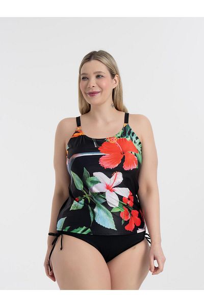 AQUAVİVA Aquaviva Women's Black Clover Pattern Large Size Christiana Gathering Adjustable Strap Tankini