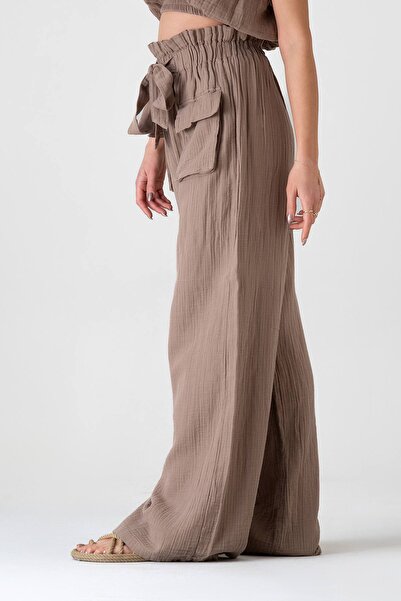 Fashion Showcase 100% Cotton Muslin Fabric - High Waist Front Cargo Pocket Trousers