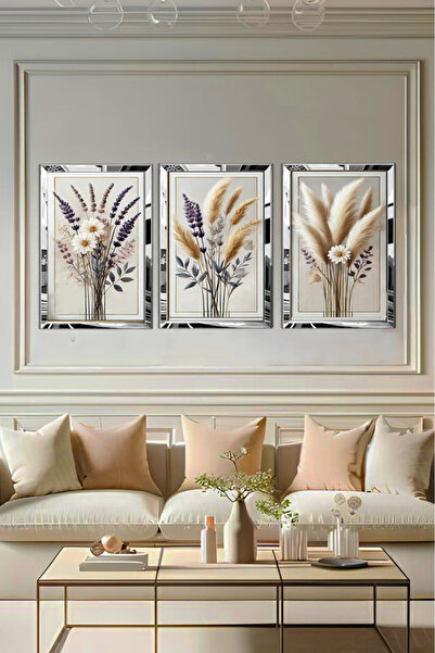 YOKTAYOK Pleksi Çerçeveli Papatya & Lavanta & Pampas  Tablo 3lü