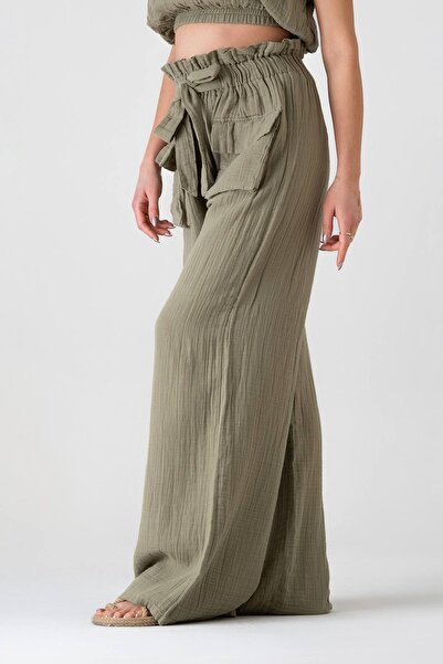 Fashion Showcase Muslin Fabric 100% Cotton High Waist Front Cargo Pocket Trousers - Green