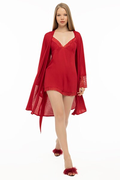 GIONA Combed Claret Red Double Nightgown Dressing Gown Set