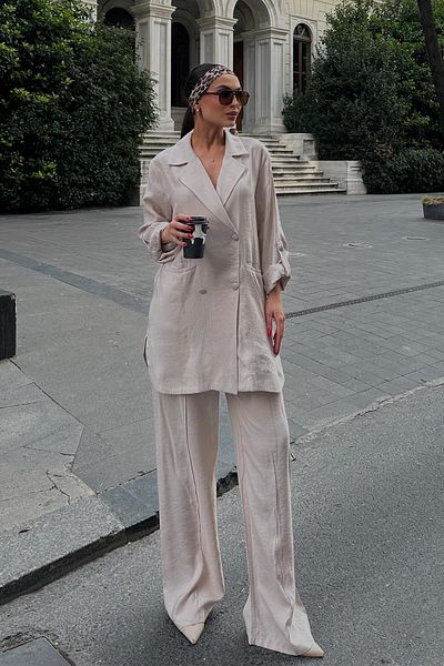 Olcay Ungefüttertes, lockeres Jacken-Hosen-Set mit elastischem Bund BEIGE 7910-TK