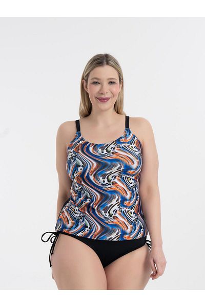 AQUAVİVA Aquaviva Women's Black Blue Orange Pattern Large Size Christiana Gathering Adjustable Strap Tankini