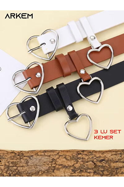 ARKEM CLUB Kalp Aşk Temalı Kemer 3 lü Set Kadın Kemer Aksesuar Kalp Tokalı
