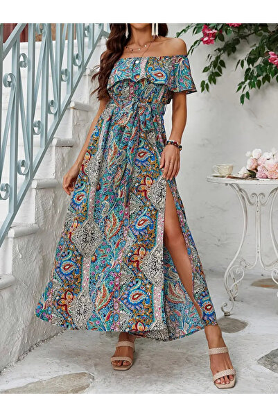 Viyamo Yeni Sezon  Kadın Etnik Desen Yırtmaçlı Uzun Yazlık Elbise