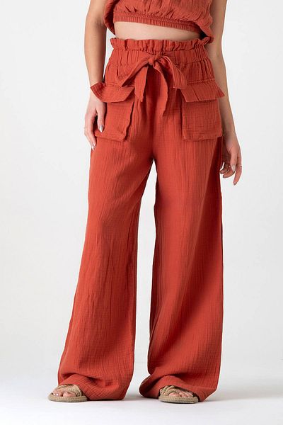Fashion Showcase Muslin Fabric 100% Cotton High Waist Front Cargo Pocket Trousers - Tile