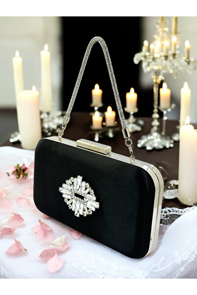 MidStore Black Color Satin Stone Handle Women's Evening Dress Bag