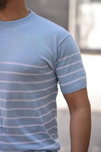 VİP LOKAL Μωβ Ριγέ Βασικό Πλέγμα T-shirt