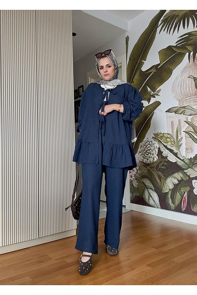 Aselim Hijap Moda Linen Cotton Ribbon Frilly Kimono Set Navy Blue