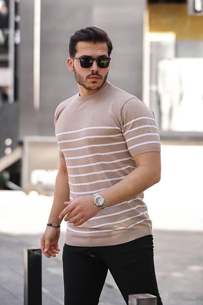 VİP LOKAL Μπεζ Ριγέ Βασικό Πλεκτό Τι T-Shirt