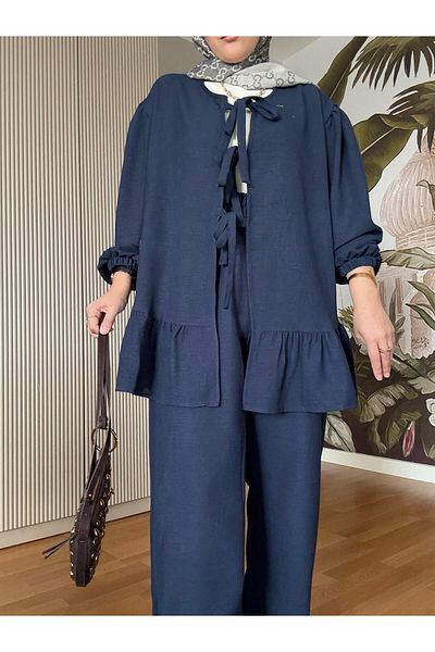 Aselim Hijap Moda Linen Cotton Ribbon Frilly Kimono Set Navy Blue
