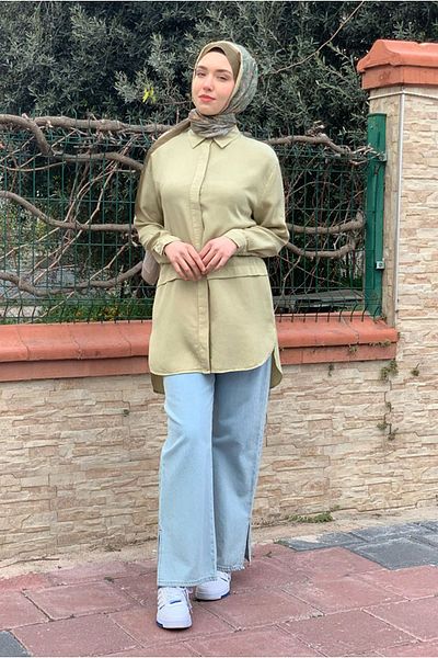 Moda Rosa 25Y7050 - Light Green - Layered Denim Shirt Tunic
