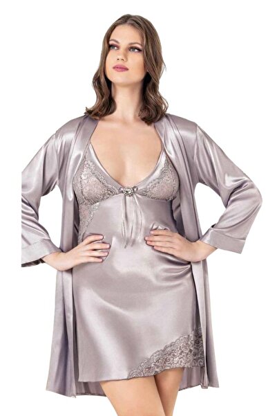 lidofya Gray Plus Size Nightgown Dressing Gown Set